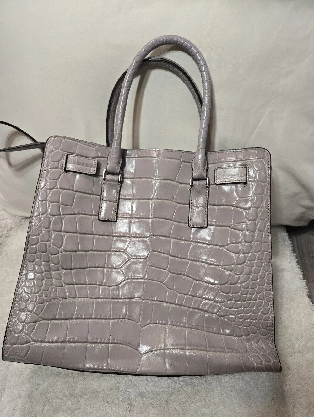 Michael Kors Dillon Satchel Dove Gray Croc Embossed Leather Shoulder Bag